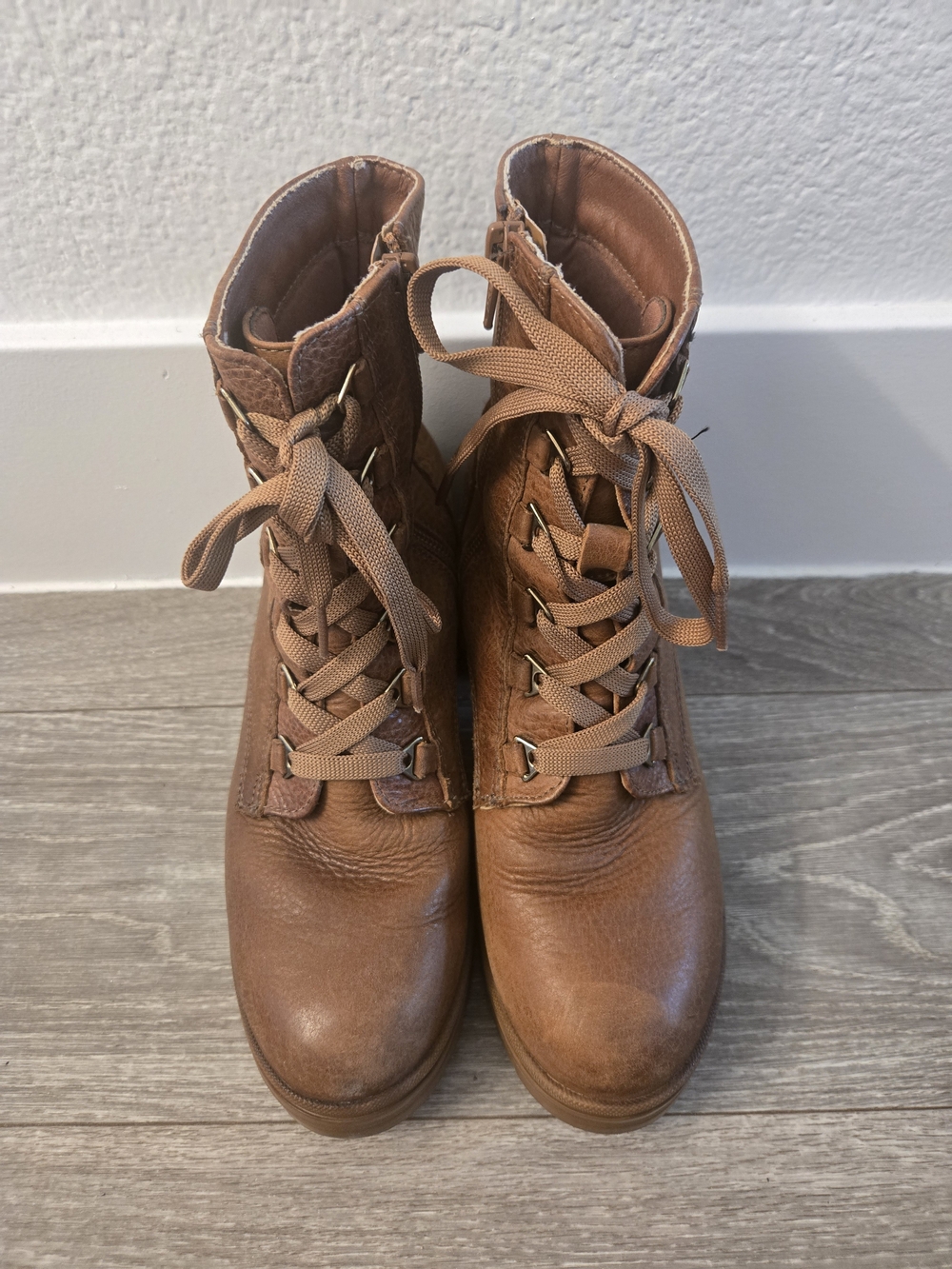 Flexi Brown Leather Lace Up Combat Ankle Boots Heeled Side Zip Comfort